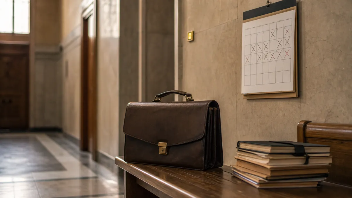 A hallway calendar shows several crossed-out hearing dates beside a briefcase and stacked case files.