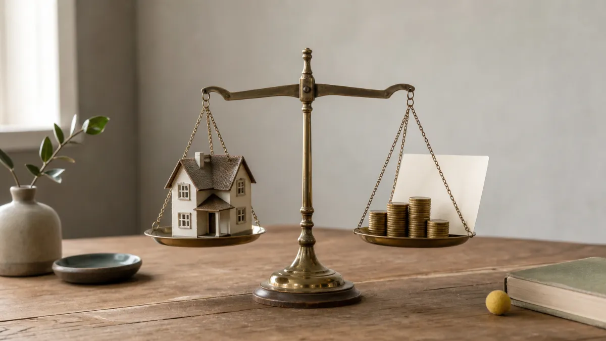 Balance scale weighing a miniature house against a stack of coins and a loan paper. Balance scale weighing a miniature house against a stack of coins and a loan paper.