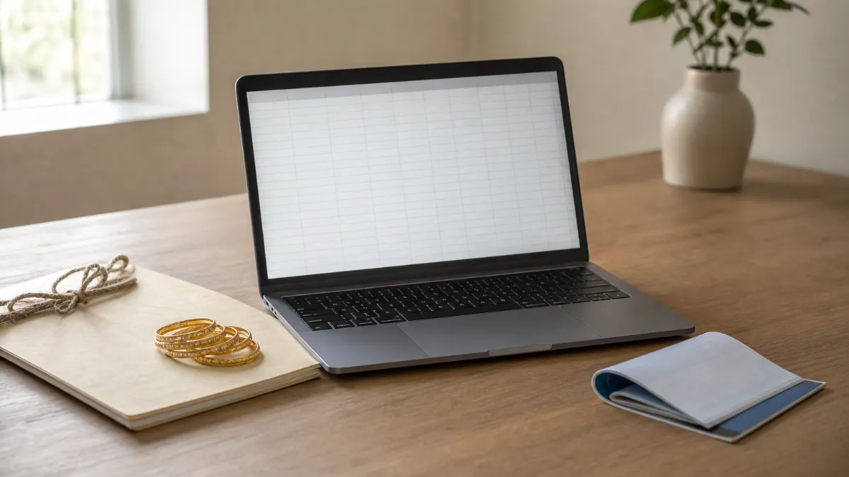 Desk with laptop spreadsheet, property deed, gold bangles and bank passbook laid out for listing assets. Desk with laptop spreadsheet, property deed, gold bangles and bank passbook laid out for listing assets.