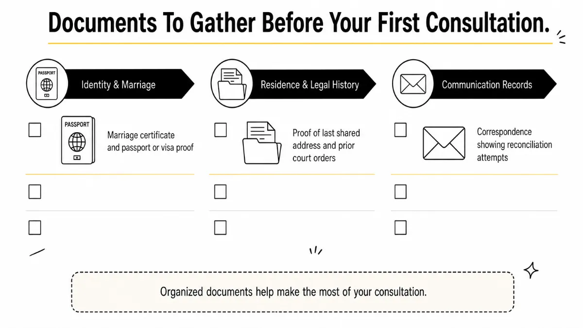 Checklist infographic grouping documents needed before a divorce consultation into three columns.