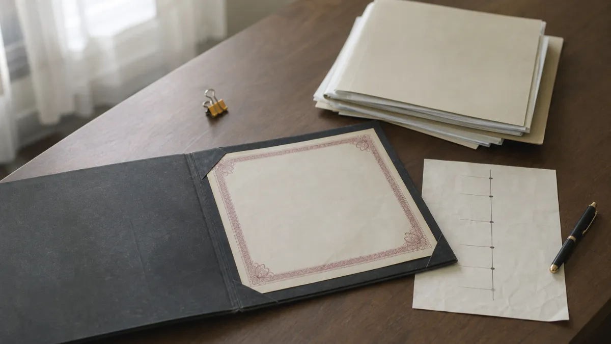 Marriage certificate, address proofs and a handwritten timeline of events laid out for a first divorce consultation