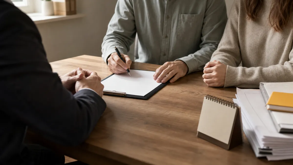 Couple and lawyer signing a mutual divorce settlement agreement at a desk