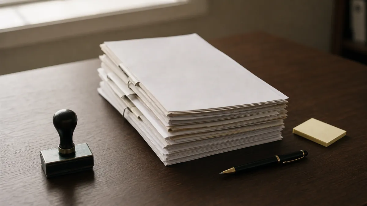 A desk showing stamped legal documents, a filing receipt, and a rubber stamp.