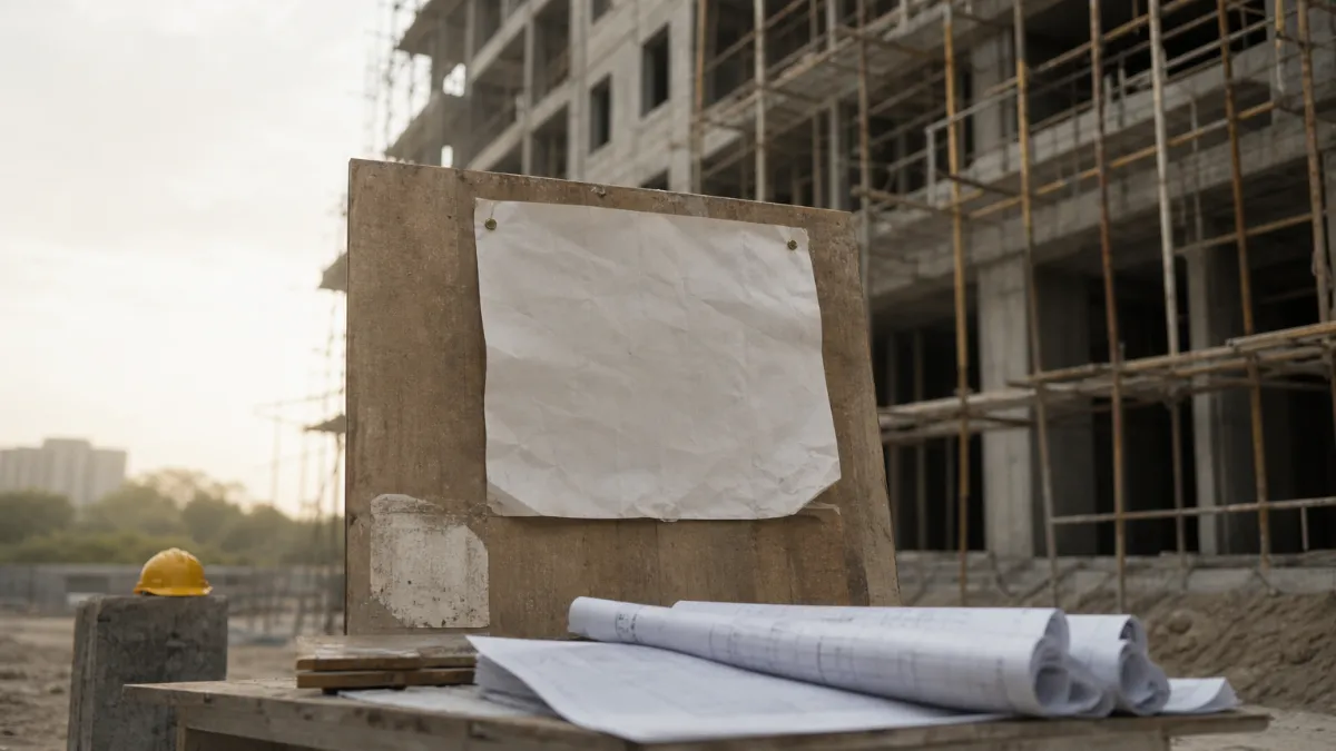 Unfinished apartment building with scaffolding and a delayed possession notice, an example of a builder dispute