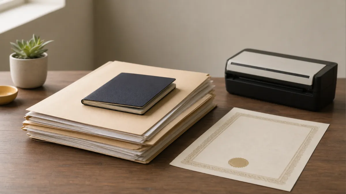 Folders, passport and marriage certificate arranged for filing a mutual divorce petition
