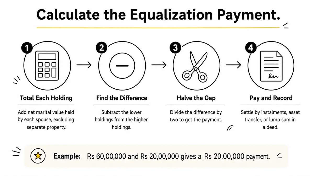 Four-step process diagram showing how to calculate the equalization payment between spouses. Four-step process diagram showing how to calculate the equalization payment between spouses.