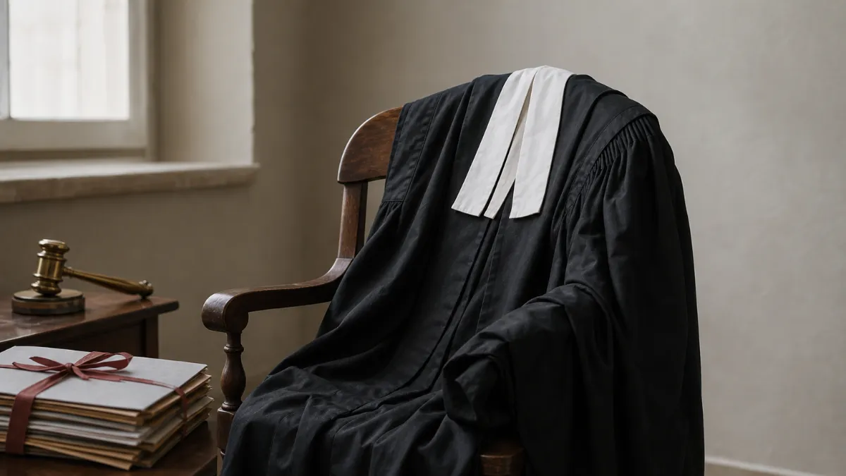 An advocate's robe over a chair beside tied case files, representing family court work for Tambaram clients An advocate's robe over a chair beside tied case files, representing family court work for Tambaram clients