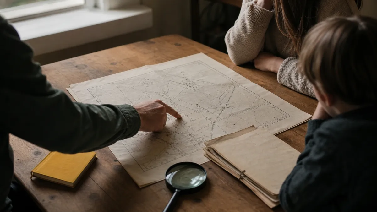 Family members reviewing a property survey map and old deed documents during a family property dispute