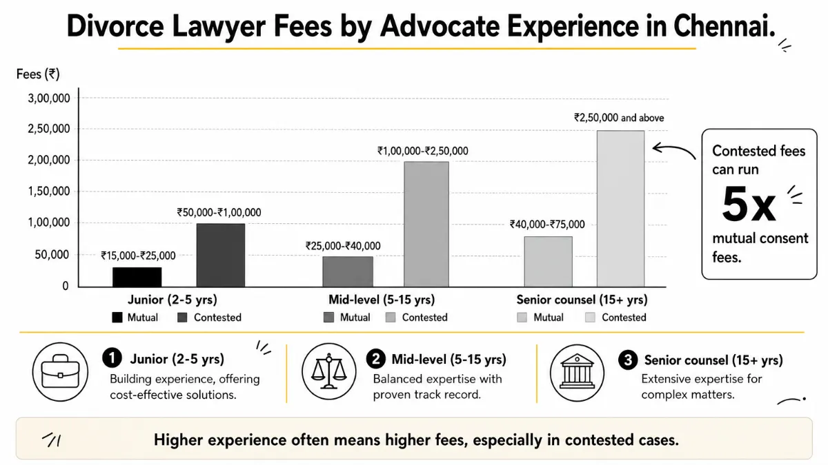 Bar chart comparing divorce lawyer fees across junior, mid-level, and senior advocates for mutual and contested cases.