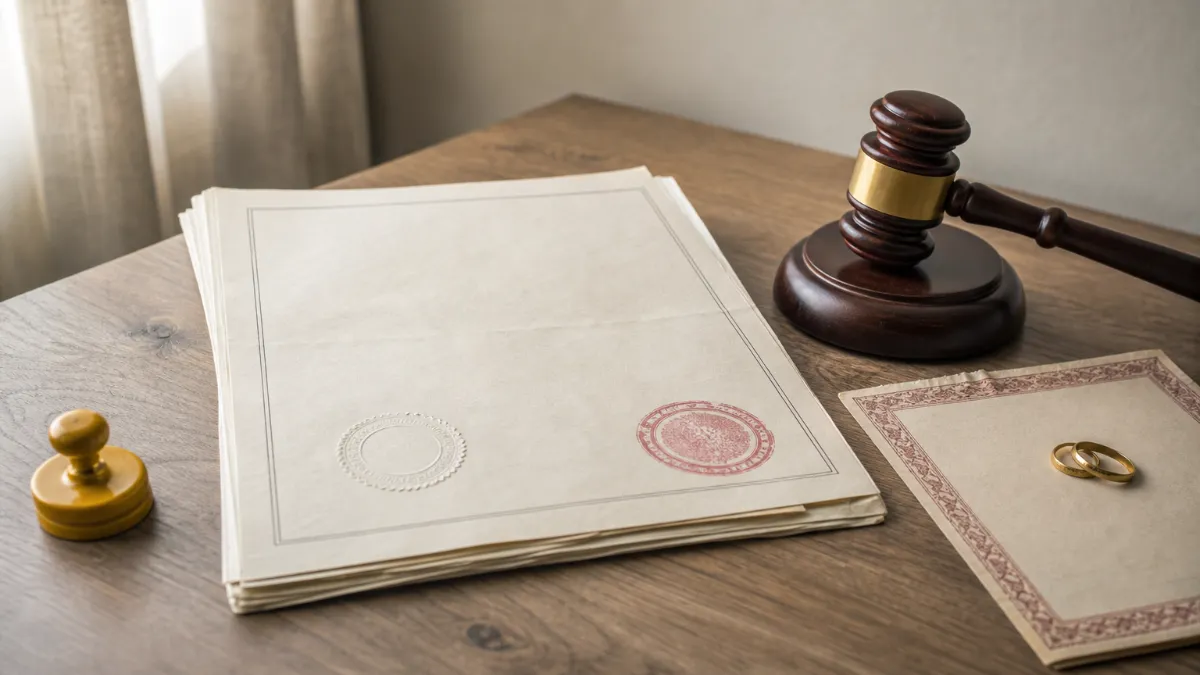 A foreign divorce decree paper next to an Indian court gavel and marriage certificate.
