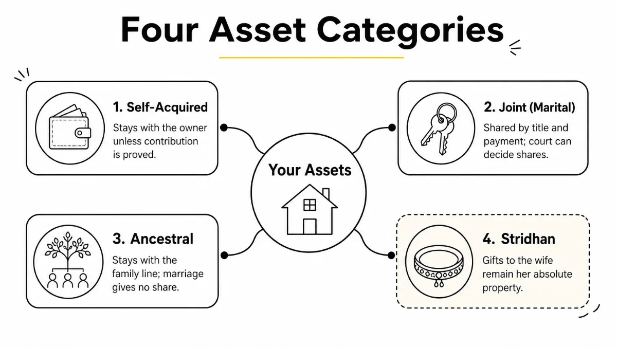 Hub diagram showing self-acquired, joint, ancestral and stridhan asset categories around a central assets idea.