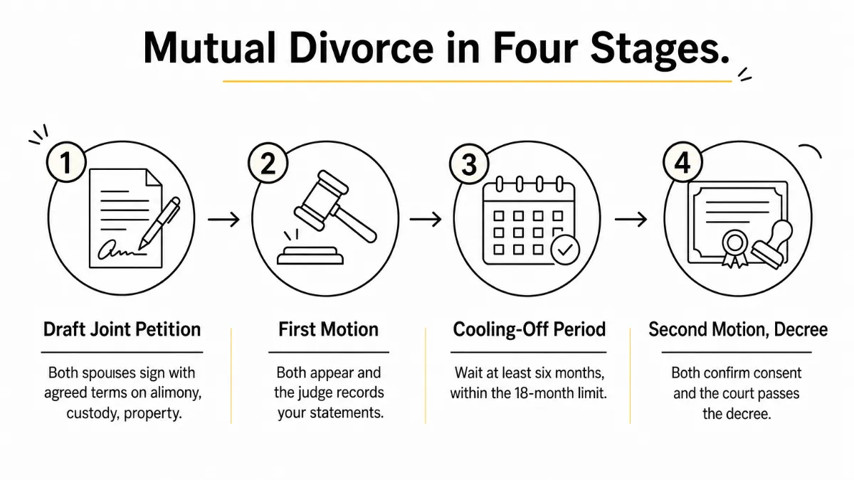 Process diagram of the four stages of a mutual divorce in India from joint petition to final decree
