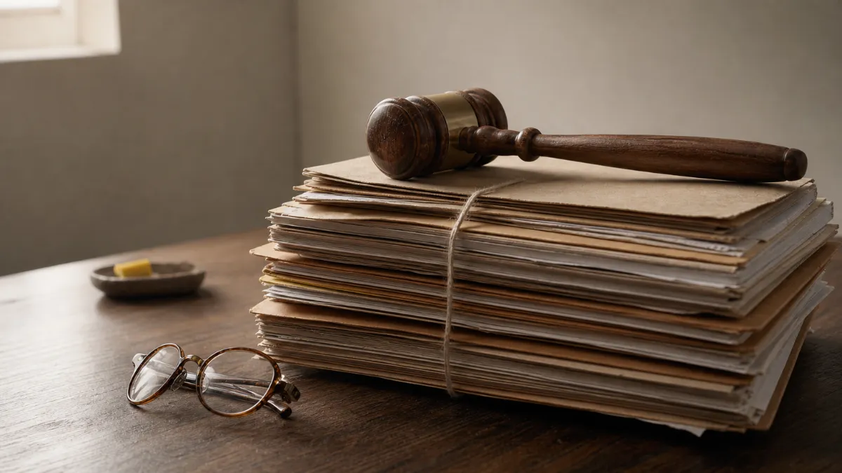 A wooden gavel sits on a stack of tied case files next to a pair of reading glasses.