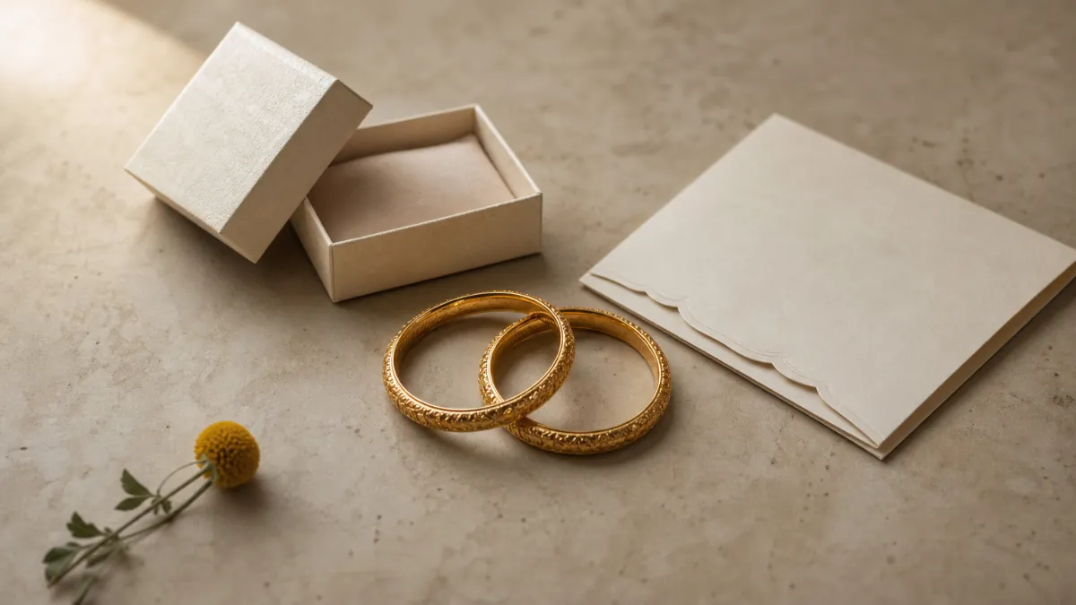 A pair of gold bangles sits beside an open gift box and a folded wedding invitation card.