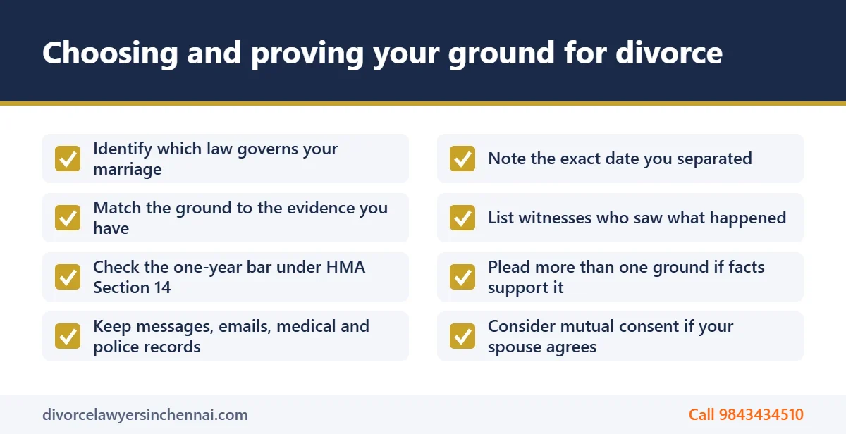 Checklist for choosing and proving grounds for divorce in India