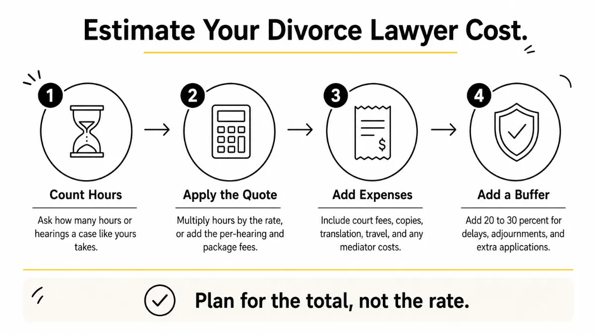 Four numbered steps showing how to estimate a divorce lawyer's total cost, from counting hours to adding a buffer.