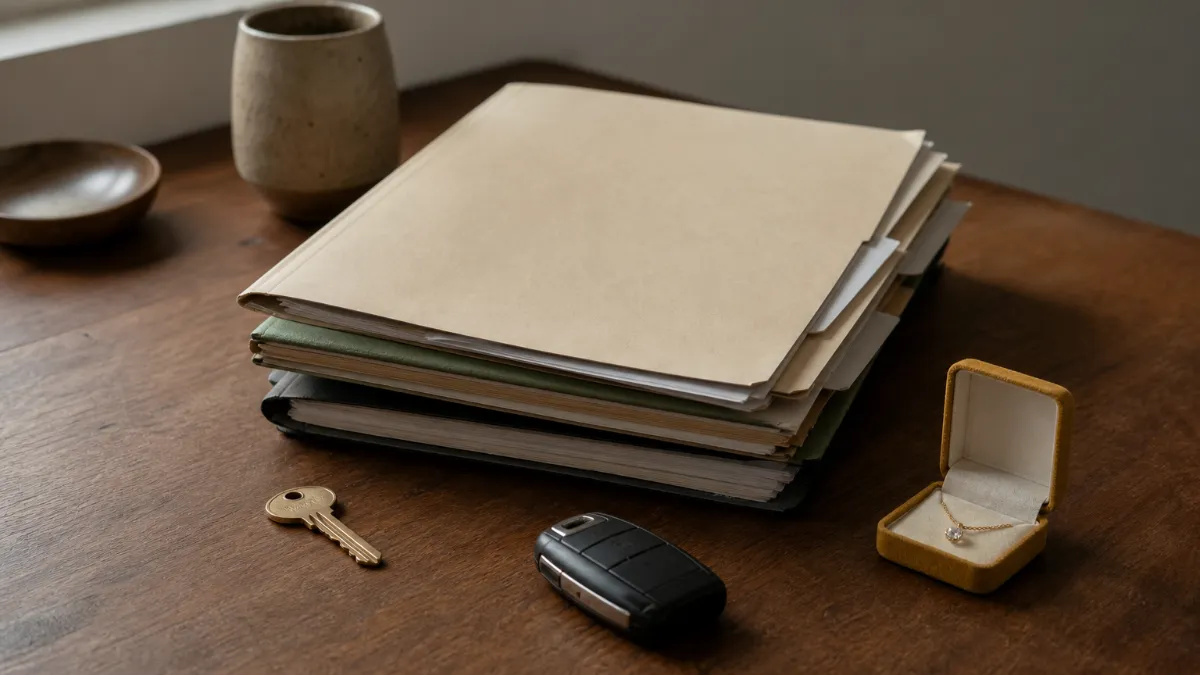 Desk holding folders, a house key, a jewelry box and a car key.