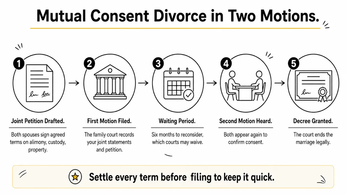 Five-step process showing how a mutual consent divorce moves from joint petition to final decree Five-step process showing how a mutual consent divorce moves from joint petition to final decree