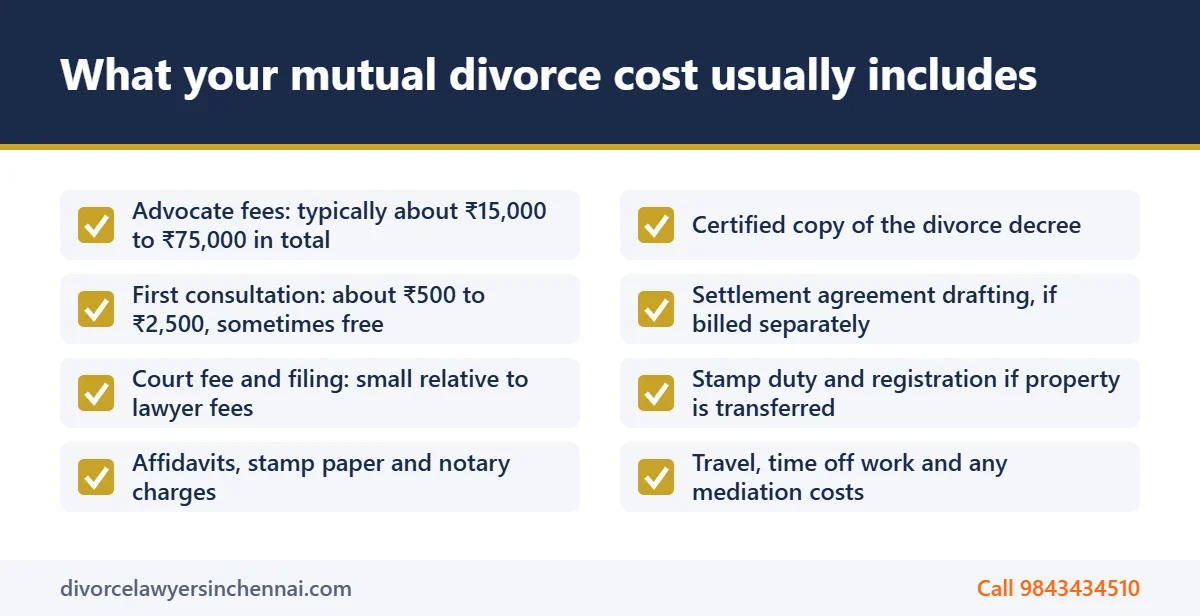 Checklist of items that make up the mutual divorce cost in Chennai