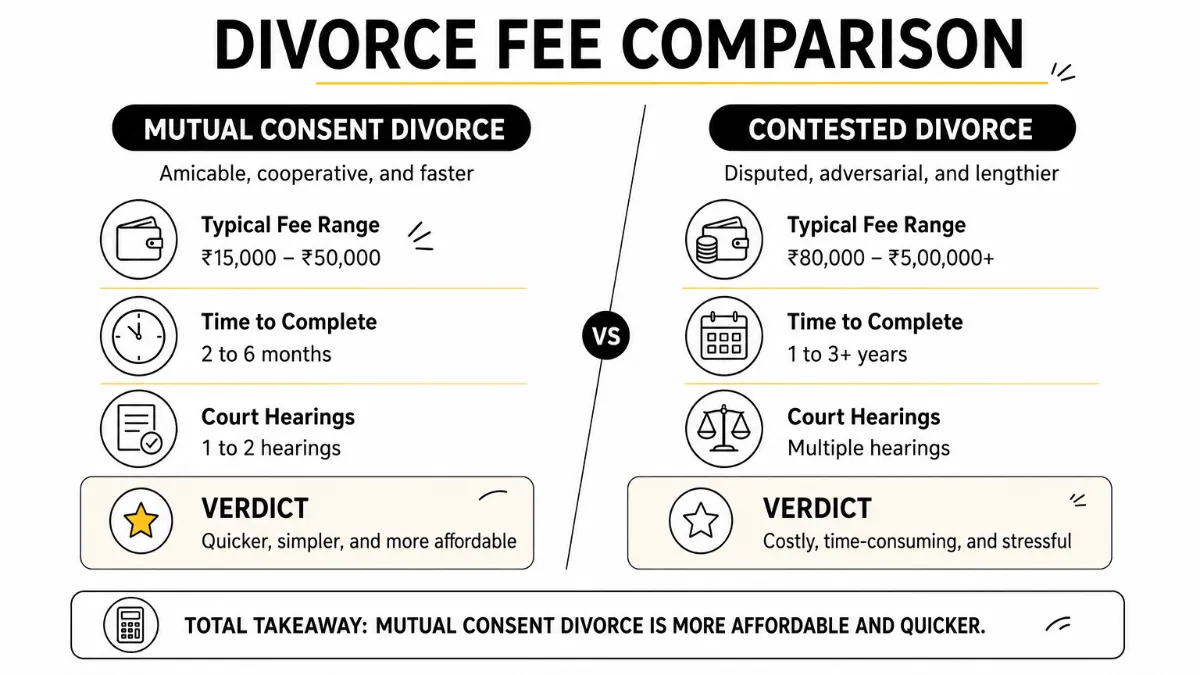 Infographic comparing mutual consent and contested divorce cases with cost verdicts for each.