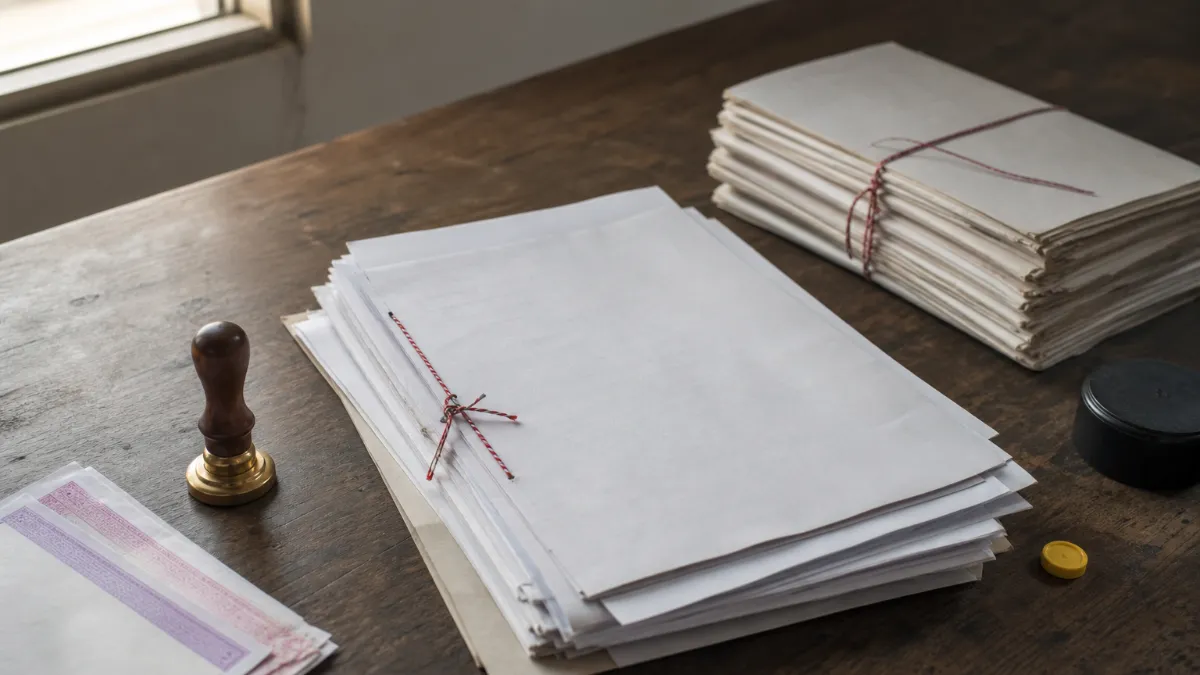 A desk shows stamped legal documents, a notary seal, stamp paper, and bound certified copies.