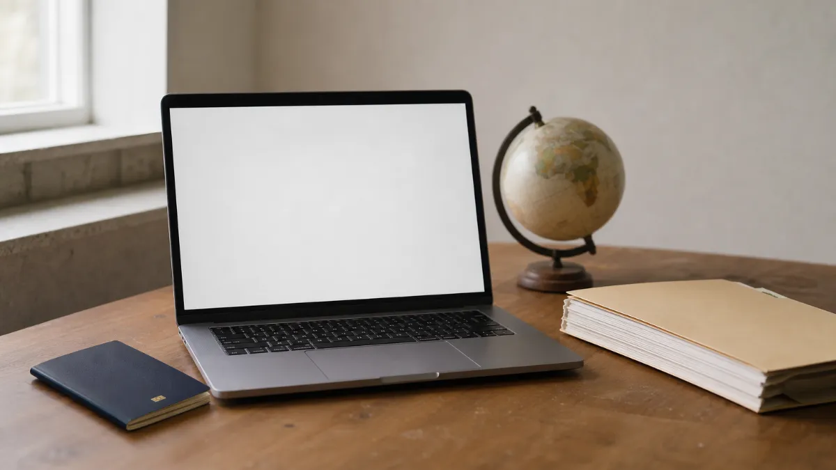 Laptop set up for a video consultation with a divorce advocate, with passport and legal folder Laptop set up for a video consultation with a divorce advocate, with passport and legal folder