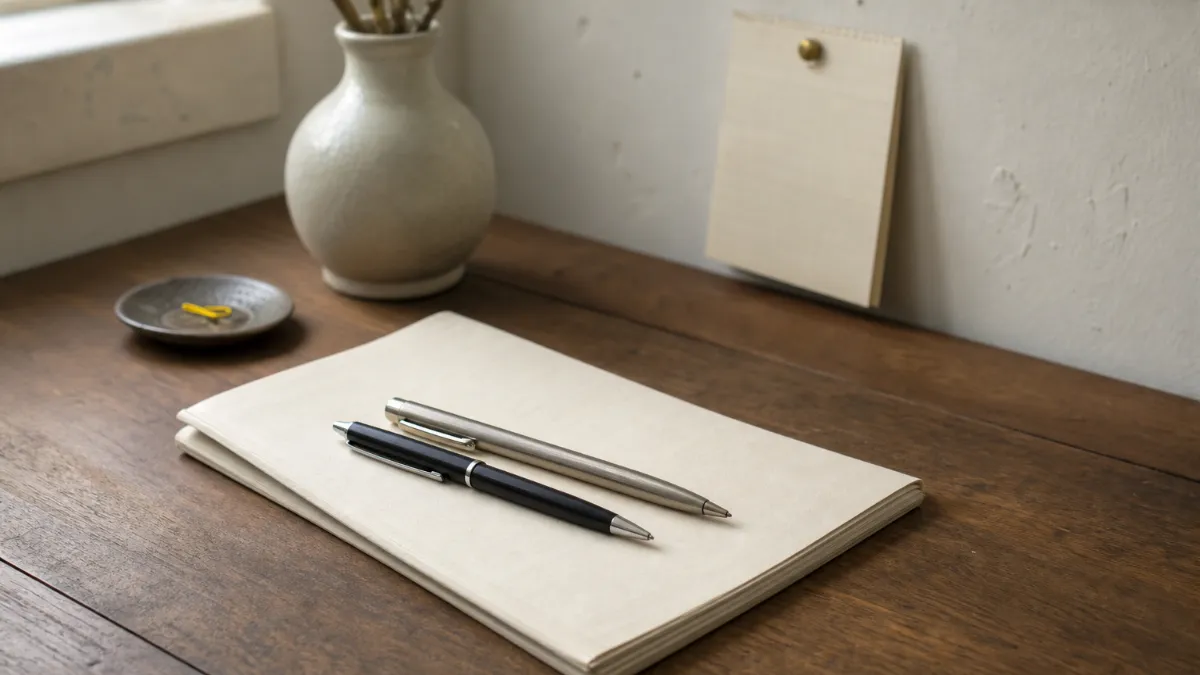 Two pens rest on a folded settlement document on a desk, with a wall calendar behind them.