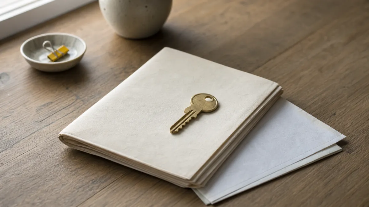 A house key lies on a folded property deed with a tax receipt beside it on a table.