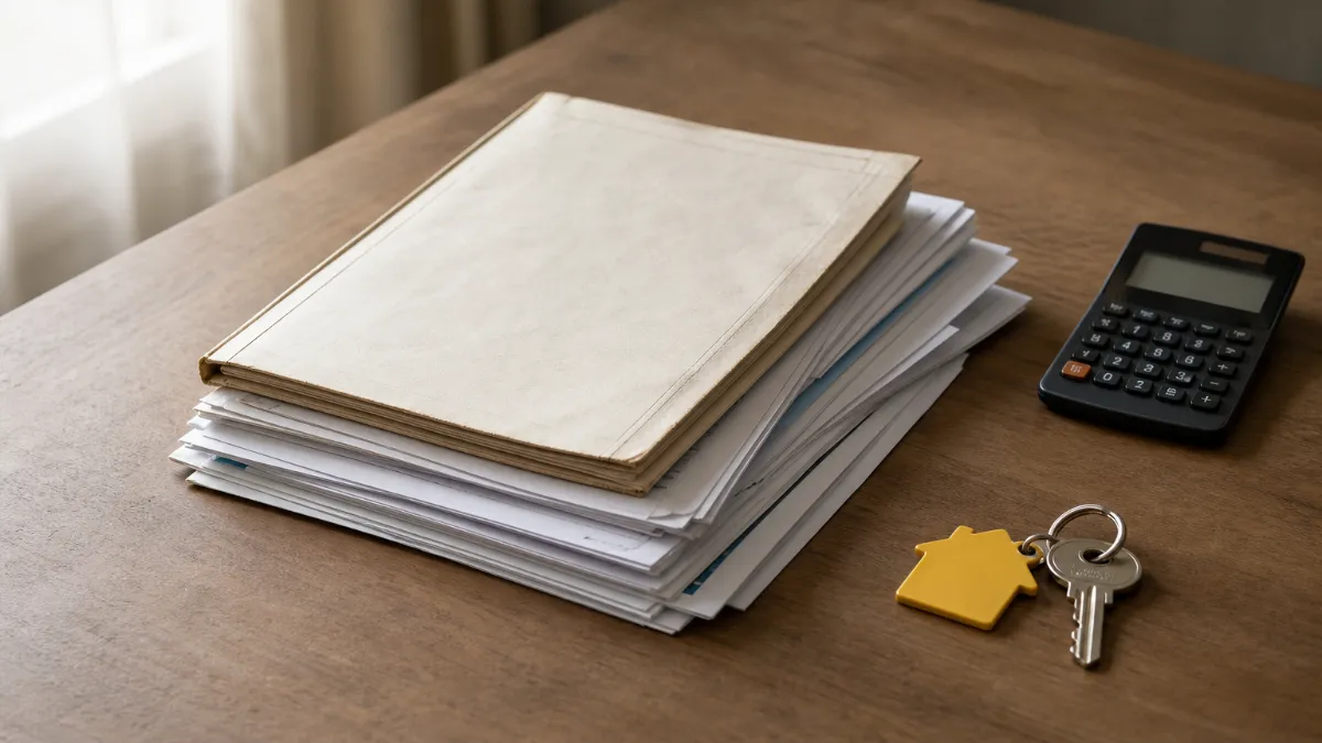 Bank statements and a sale deed on a desk with a calculator and house key tag.