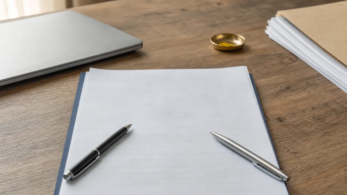 Mutual divorce settlement agreement with two pens beside a laptop used for online drafting