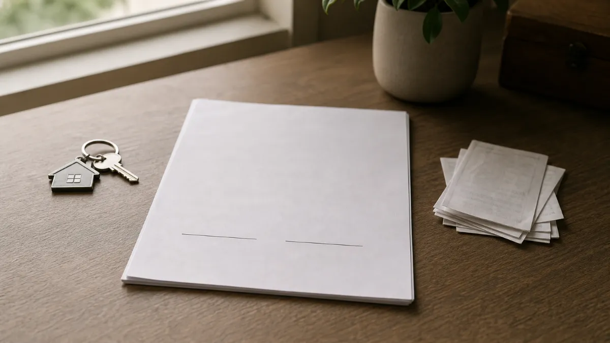 A loan agreement with two signature lines beside a house key and EMI receipts.