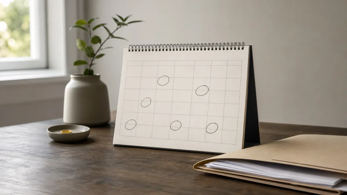 Calendar marking the six-month cooling-off period in a mutual divorce beside a folder of settlement documents