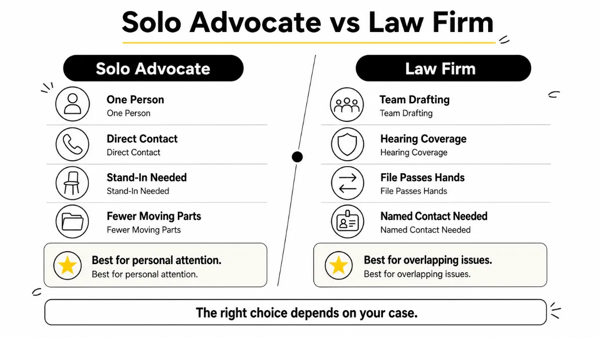 Comparison of working with a solo advocate and a law firm in a divorce case