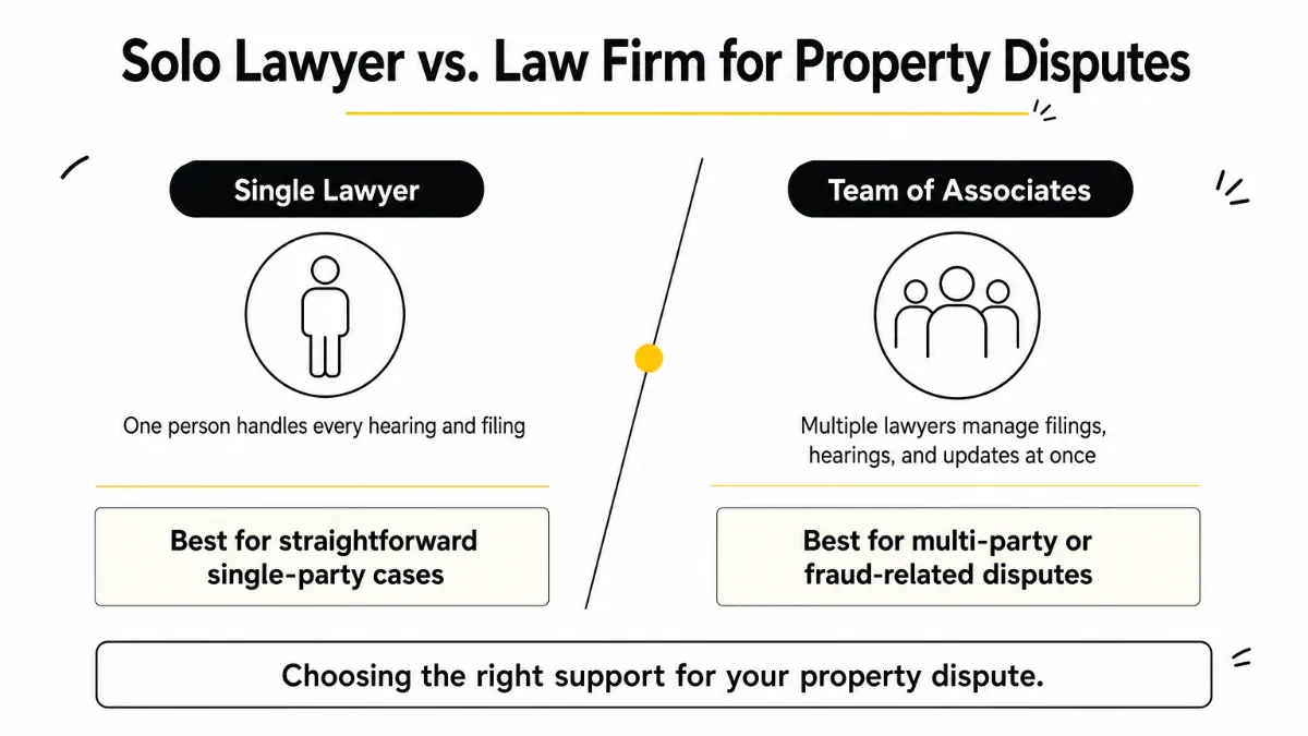 Infographic comparing how a solo property lawyer and a law firm team handle a case