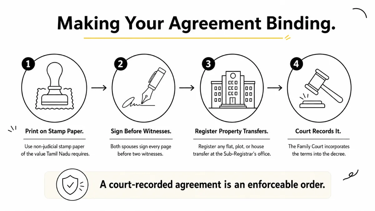 Four-step process showing stamping, signing, registering, and court recording of a property agreement.