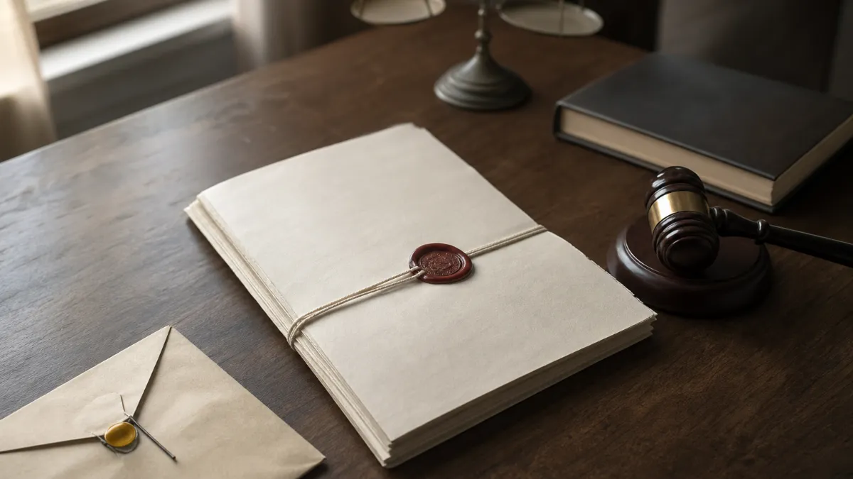 A talaq document, a gavel and a stamped legal notice envelope on a lawyer's desk.
