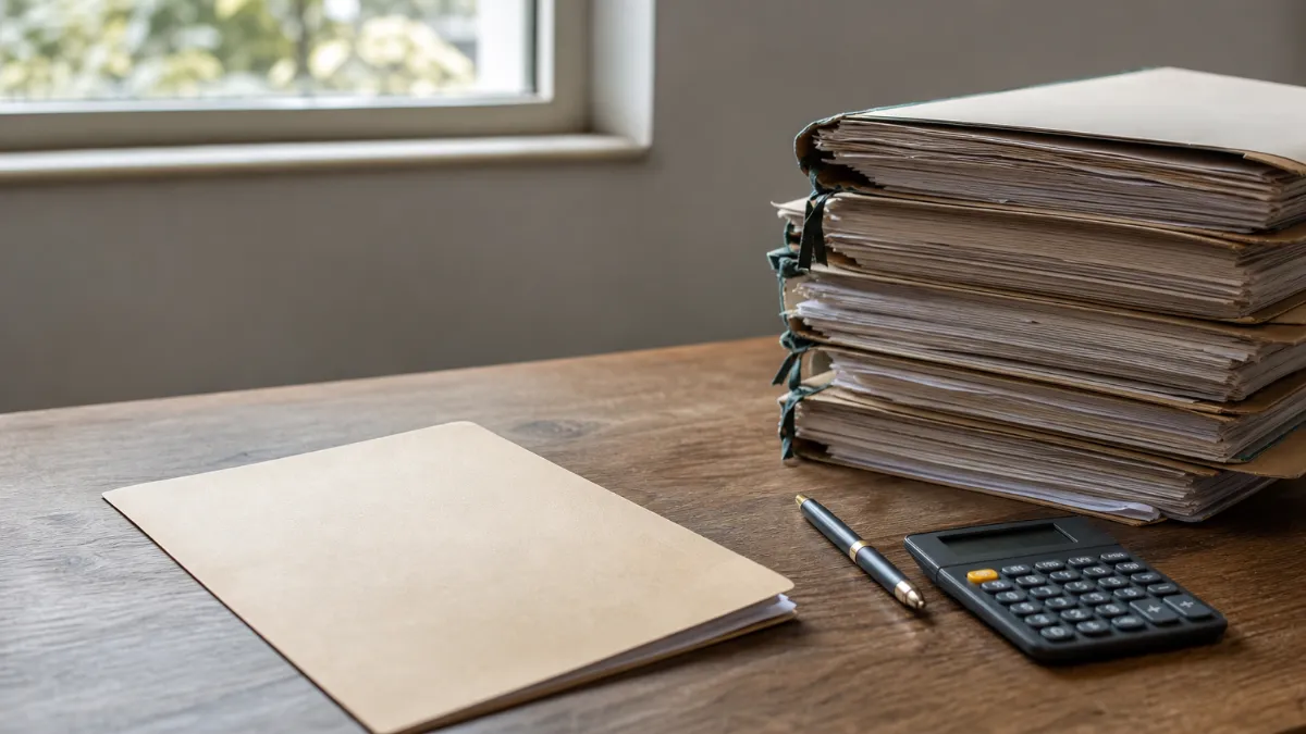 A single thin folder sits beside a tall stack of thick case files on a desk.