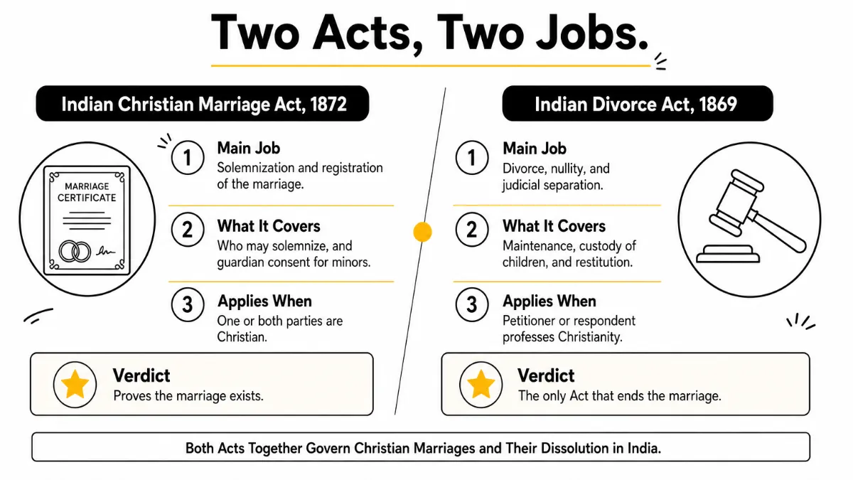 Side-by-side comparison of the 1872 Christian Marriage Act and the 1869 Divorce Act, showing each law's job and scope.