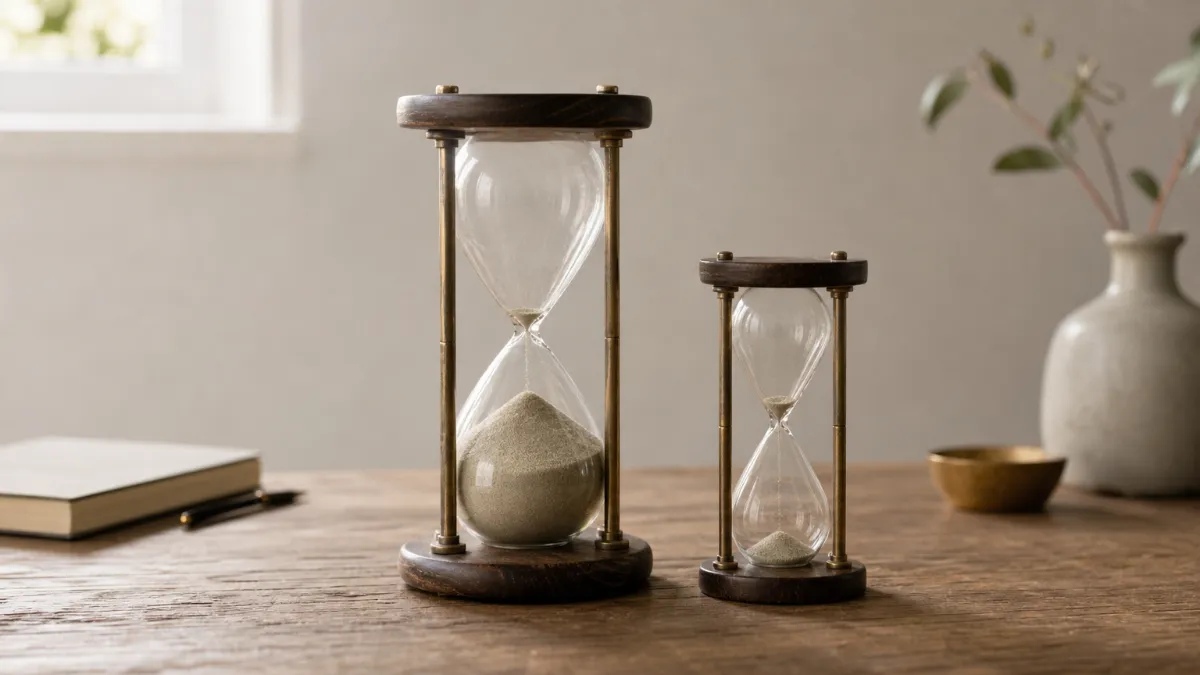 Two hourglasses stand side by side, one holding far more sand than the other.